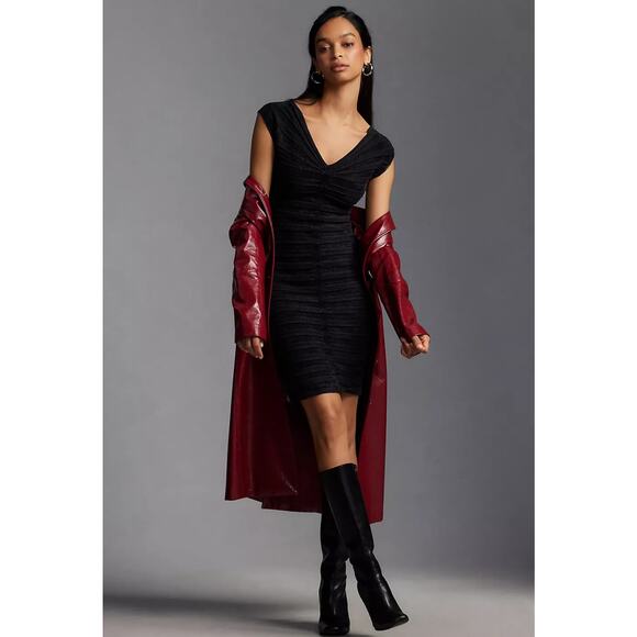 NWT By Anthropologie V-Neck Chenille Midi Dress $248 X-SMALL Black - Picture 2 of 7